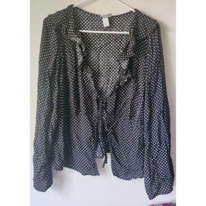 Ava & Viv Black Polka Dot Tie-front Ruffle Long Sleeve Blouse Rayon Size 1X